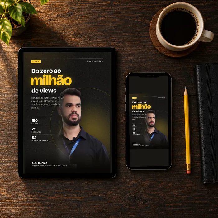 Tablet e celular sobre uma mesa de madeira escura, os dois abertos na capa do e-⁠book com a foto de Alex Gurrão, ao lado de uma xícara de café e um lápis amarelo